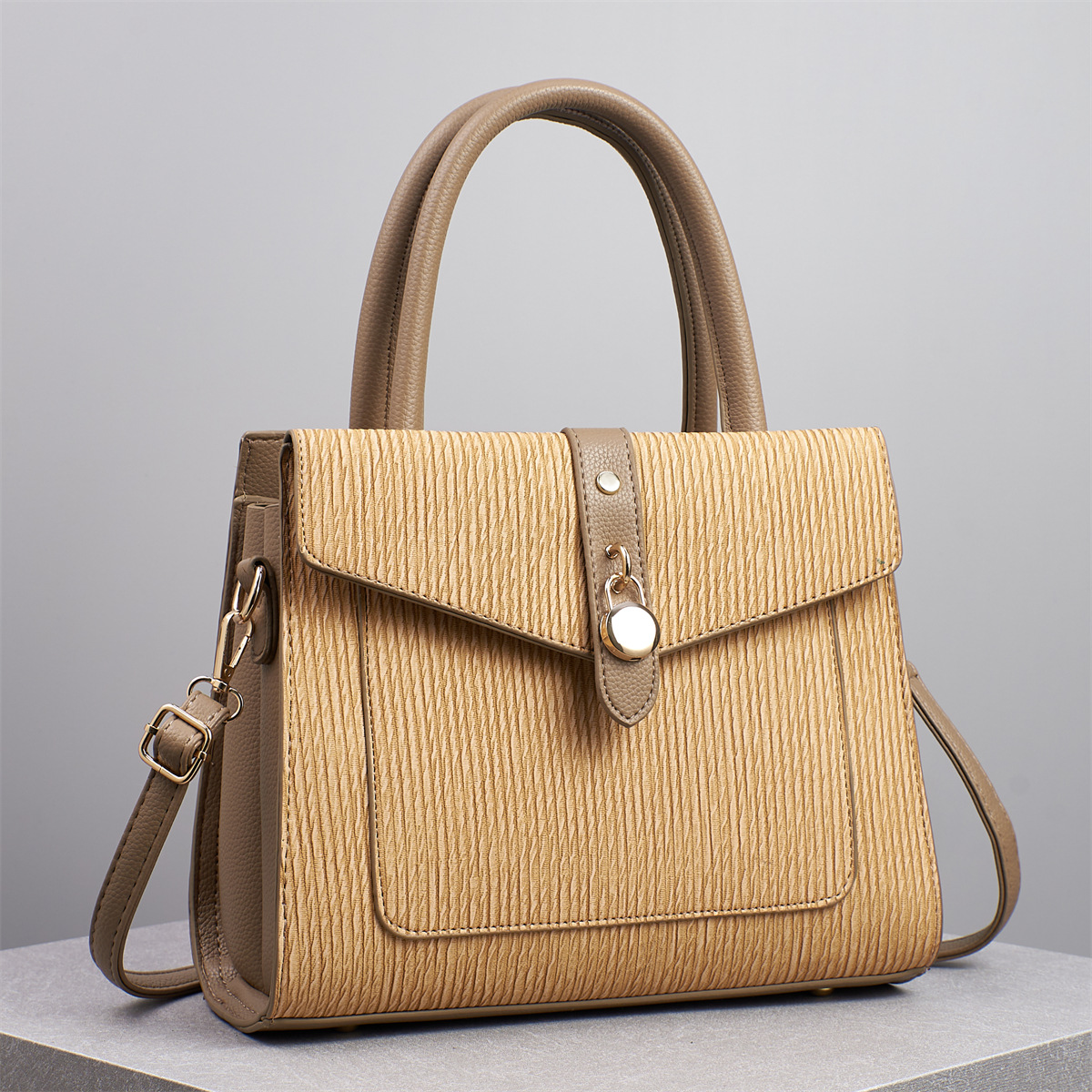 Textured Leather Satchel Crossbody Handbag with Gold Hardware
